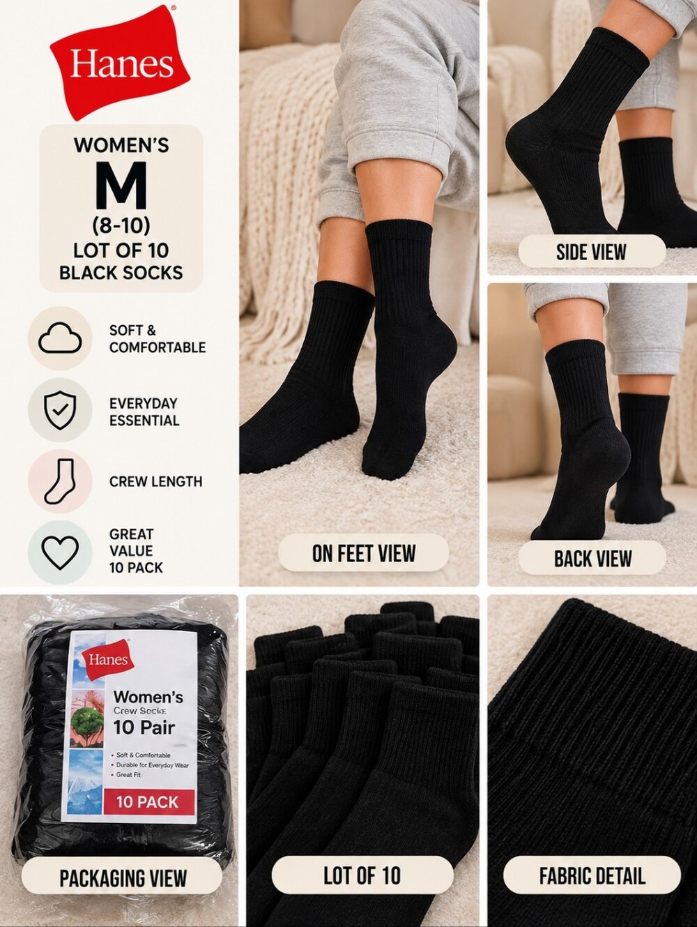 New hanes women's lot of 10 black socks #22